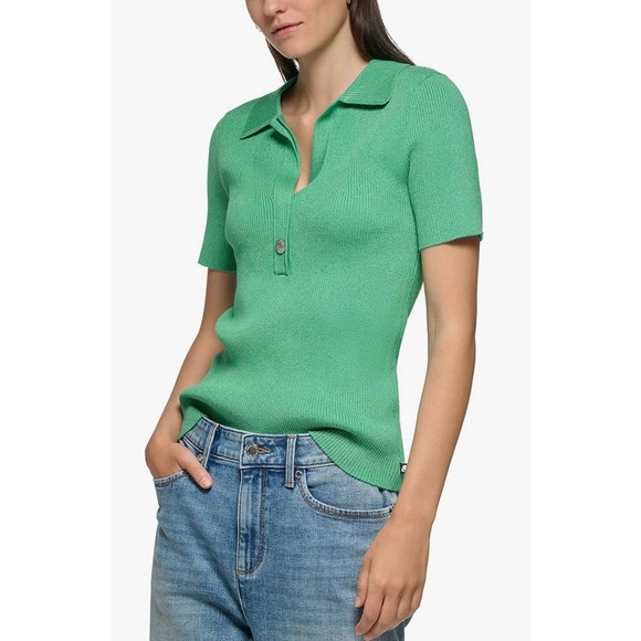 Karl Lagerfeld Paris Ribbed Knit Polo Top Short Sleeve Metallic Green L - Picture 2 of 11